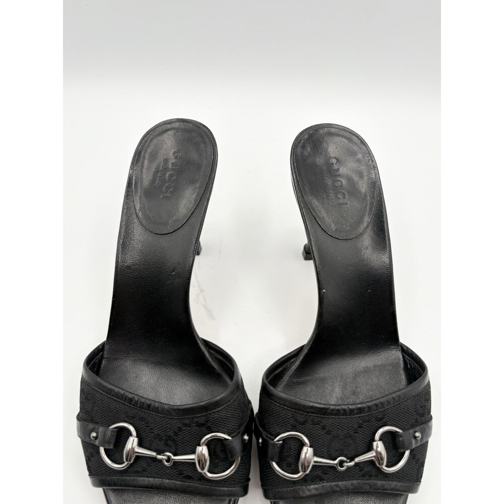 Gucci Black Leather Mules Canvas GG Logo Silver Horsebit Heels Y2K Size EU 35.5 - Picture 8 of 14